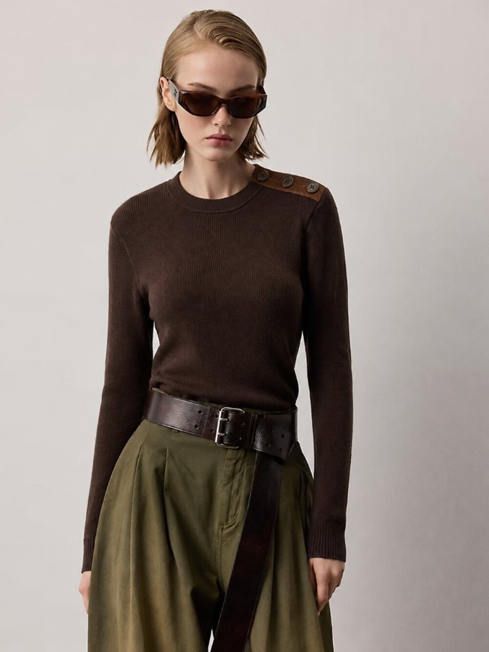 Lauren Ralph Lauren Brown Ribbed Sweater with Suede Elbow Patches Small